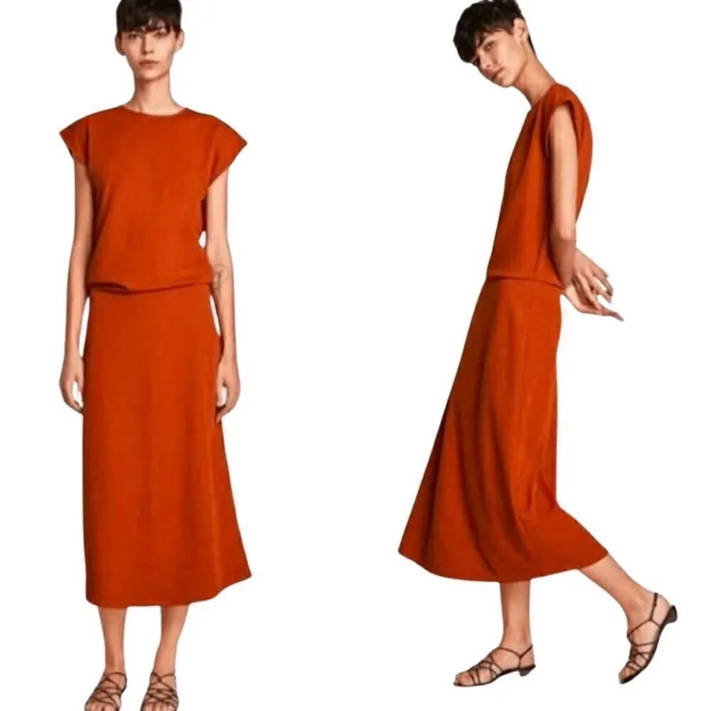 EUC Zara Burnt Orange Textured Midi Dress